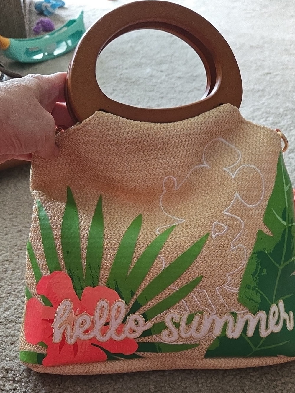 Disney Straw Tote with Brown Handles and Green & Coral Accents